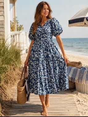 NWT Oliphant Tuckernuck Women Puff Sleeve Maxi Dress Arcadia Navy L Boho Peasant